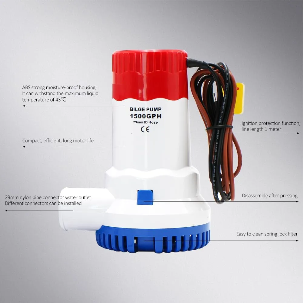 1500 Gph Bilge Pump 12 Volt, Boat Water Pump Takes Up Little Space And Has A Quiet Sound, Suitable For Water Boats And Ponds