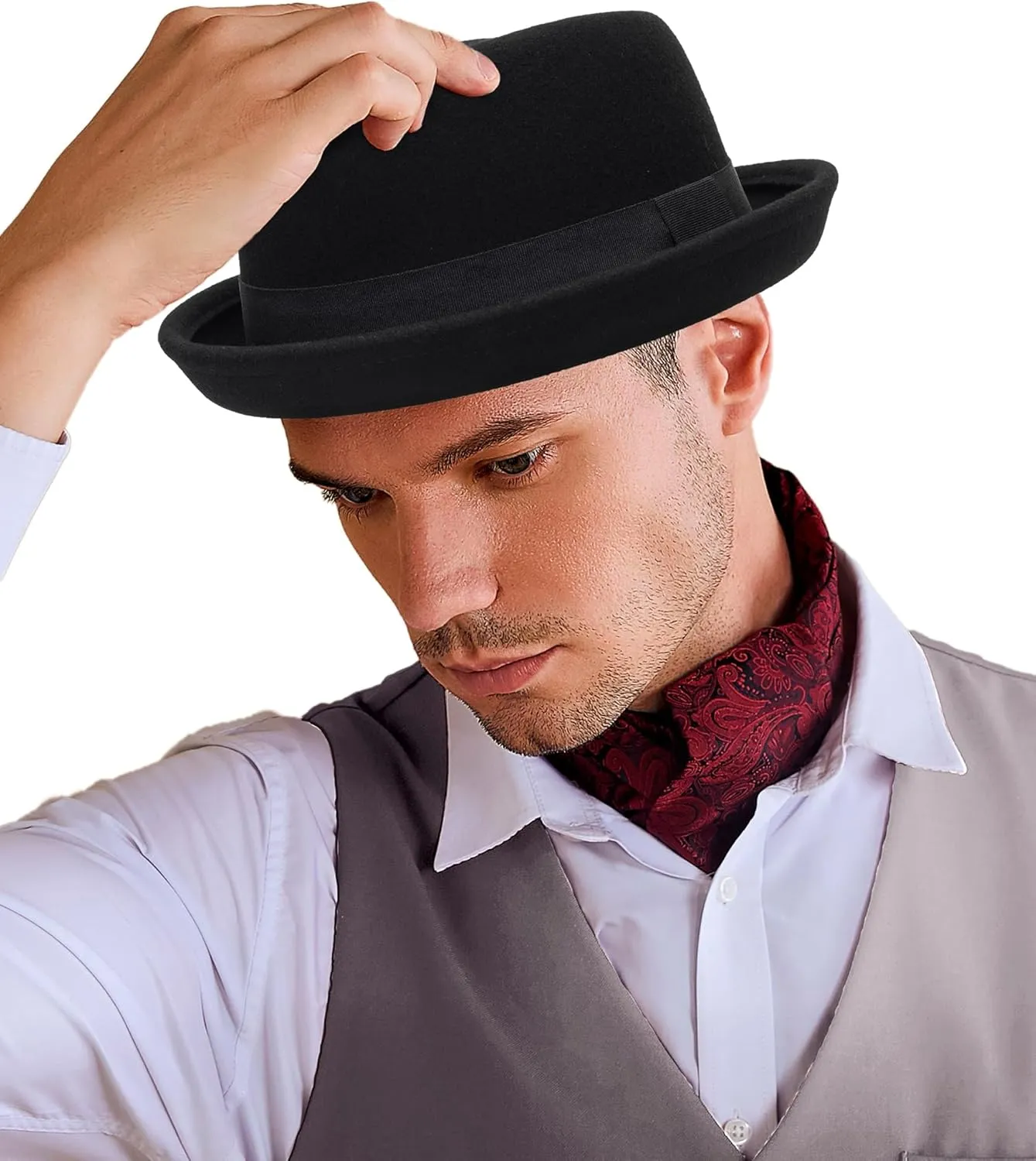 1920s Porkpie-Hat Boater-Fedora-for Men - Wool-Felt-Bowler-Derby-Hat for Women Man (Size:S/M)