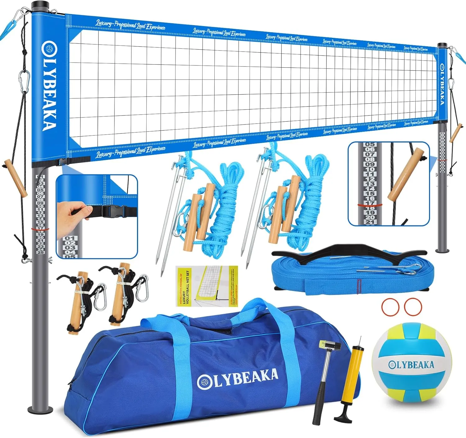 2025 Outdoor Professional Volleyball Net Set for Backyard Beach with Tetoron Net, Adjustable Aluminum Poles, PU Volleyball,Carry Bag - Easy Setup & Anti-Sagg with 2 Tension Adjusters