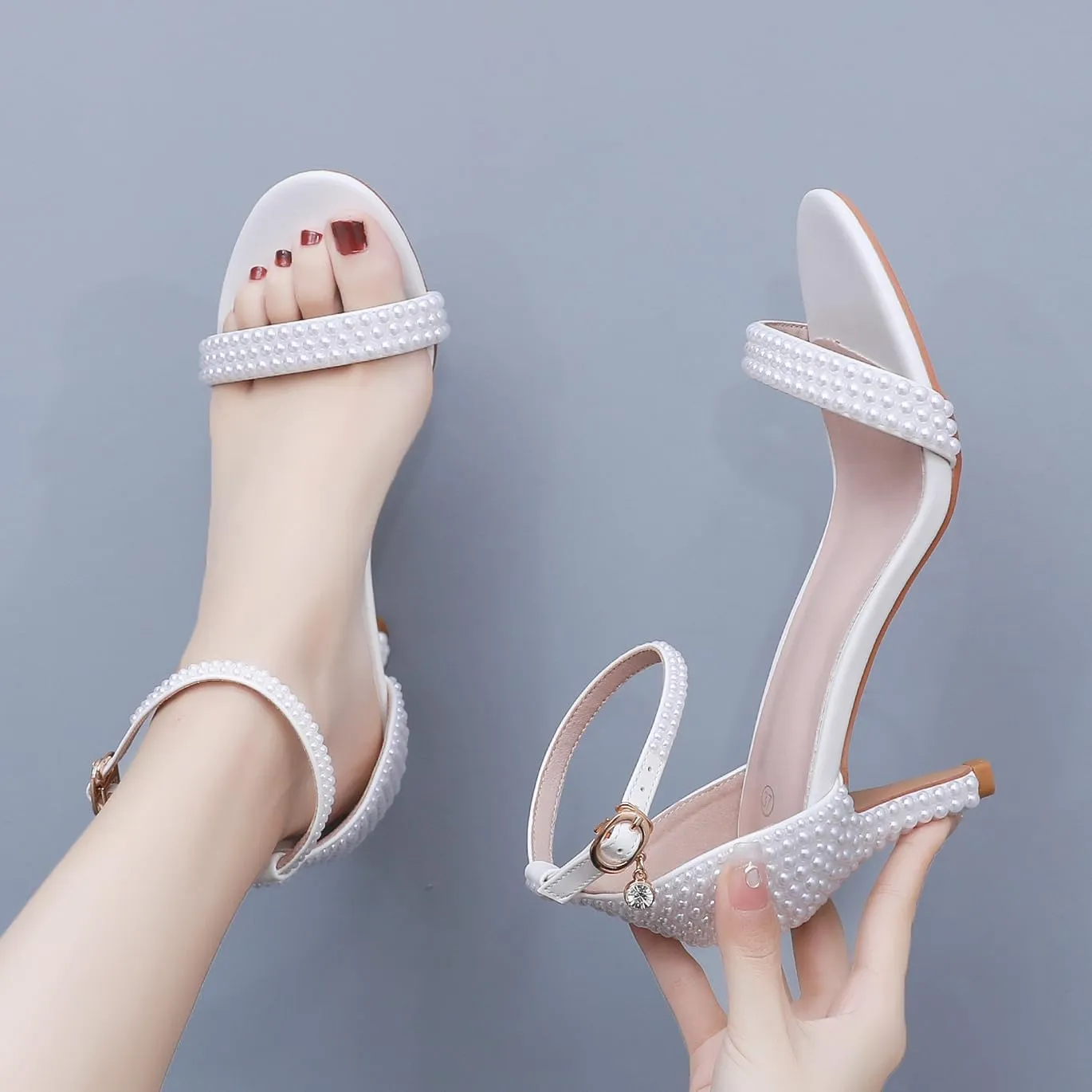 3 Inches Women's Ankle Strap Stiletto Heels Sandals Open Toe White Pearls Bridal Wedding Shoes Evening High Heel Pump Shoes