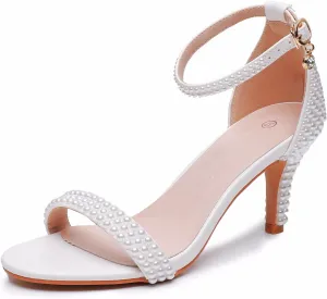 3 Inches Women's Ankle Strap Stiletto Heels Sandals Open Toe White Pearls Bridal Wedding Shoes Evening High Heel Pump Shoes
