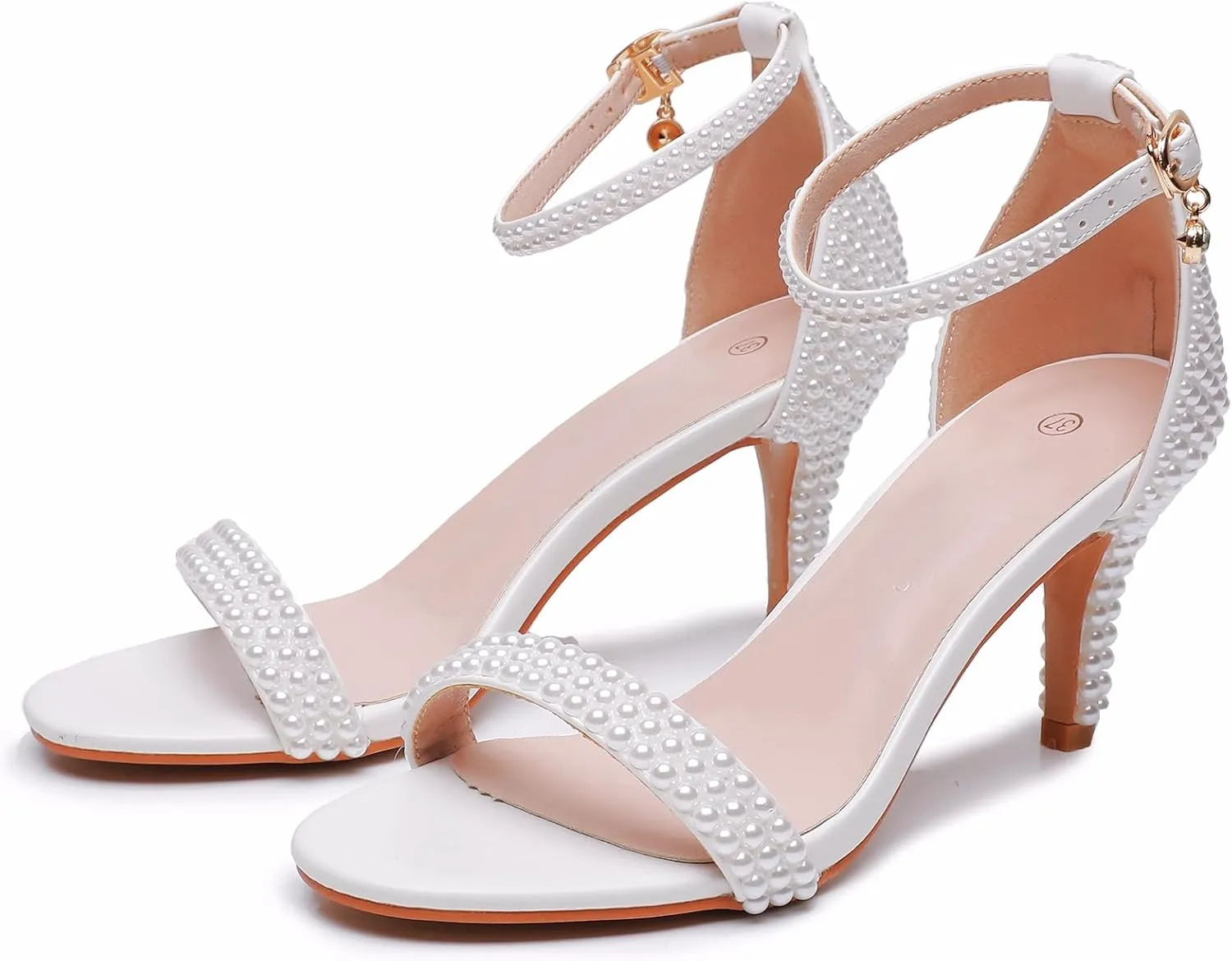 3 Inches Women's Ankle Strap Stiletto Heels Sandals Open Toe White Pearls Bridal Wedding Shoes Evening High Heel Pump Shoes