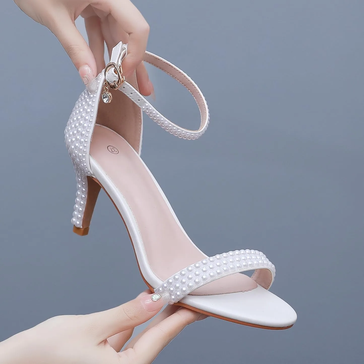 3 Inches Women's Ankle Strap Stiletto Heels Sandals Open Toe White Pearls Bridal Wedding Shoes Evening High Heel Pump Shoes