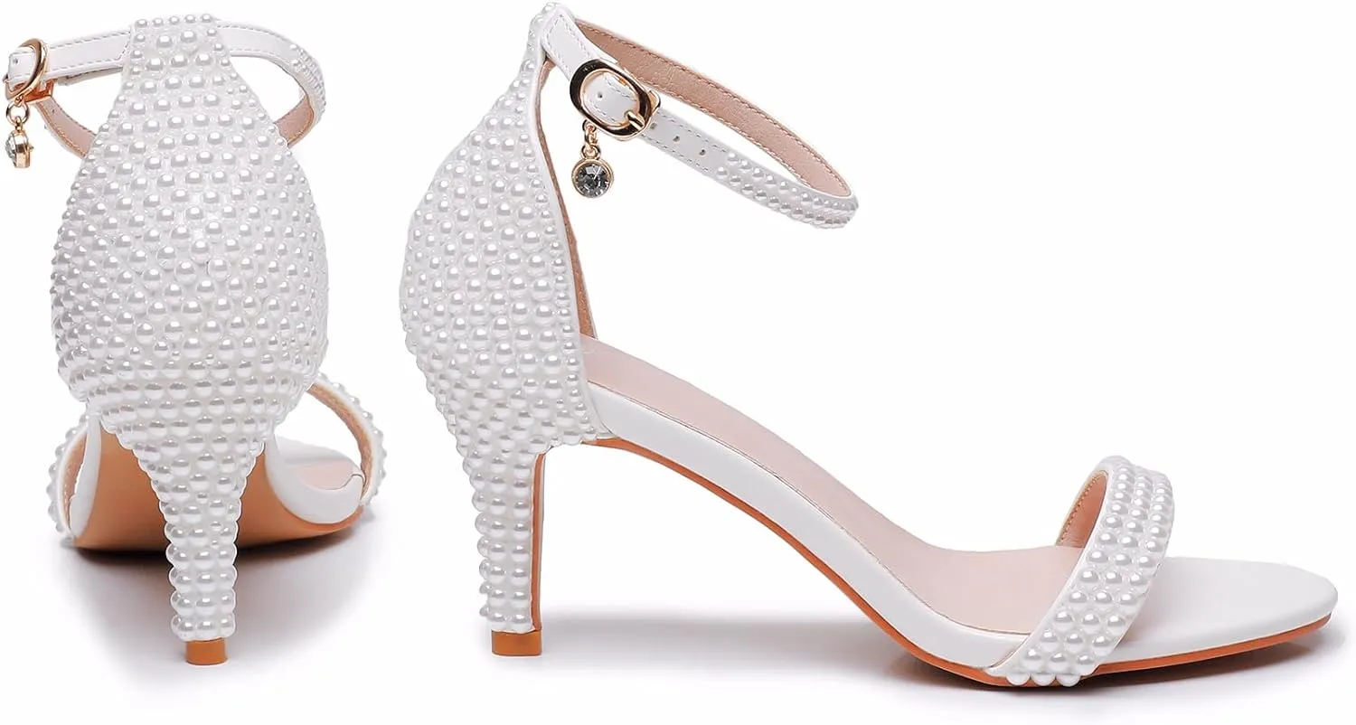 3 Inches Women's Ankle Strap Stiletto Heels Sandals Open Toe White Pearls Bridal Wedding Shoes Evening High Heel Pump Shoes