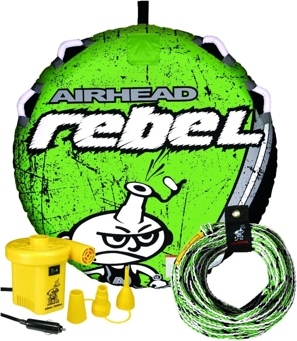 Airhead Rebel Towable Kit 1 Rider Tube with Rope and Pump, Kwik-Connect Tow, Double-Stitched Full Nylon Cover & Speed Safety Valve for Easy Inflating & Deflating