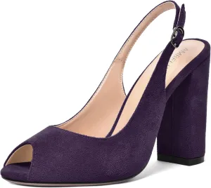AMBELIGHT Womens Slingback Suede Peep Toe Dress Dating Solid Buckle Block High Heel Pumps Shoes 4 Inch