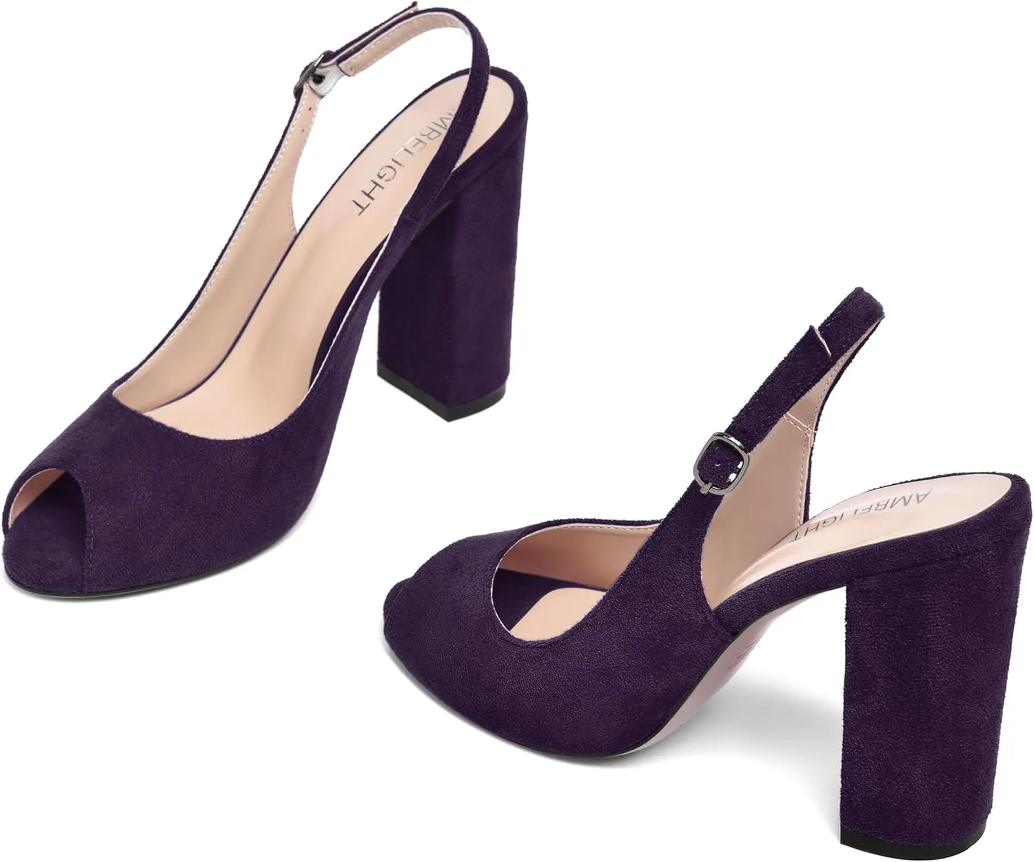AMBELIGHT Womens Slingback Suede Peep Toe Dress Dating Solid Buckle Block High Heel Pumps Shoes 4 Inch