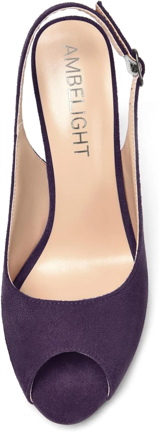 AMBELIGHT Womens Slingback Suede Peep Toe Dress Dating Solid Buckle Block High Heel Pumps Shoes 4 Inch