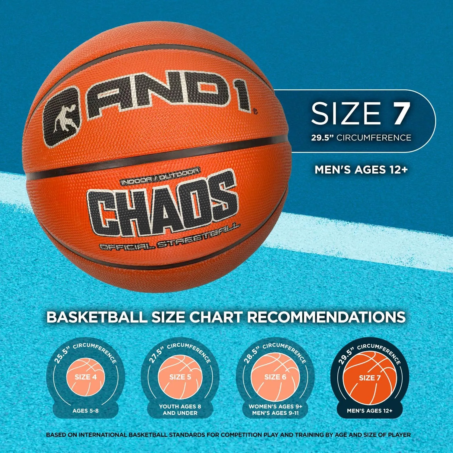 AND1 Chaos Basketball: Official Regulation Size 7 (29.5 inches) Rubber - Deep Channel Construction Streetball, Made for Indoor Outdoor Basketball Games