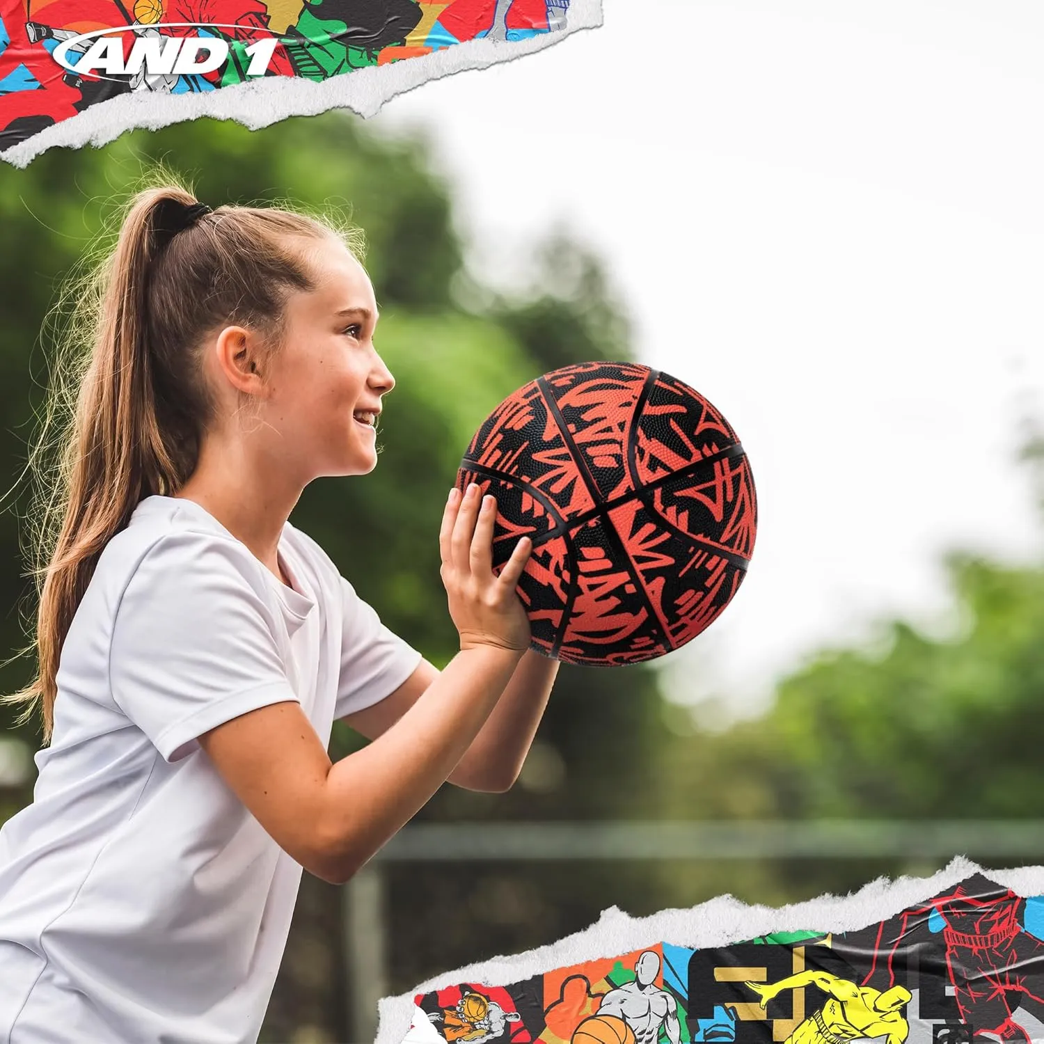 AND1 Fantom Graffiti Rubber Basketball - Streetball for Indoor and Outdoor Use, Deep Channel Construction and Durability