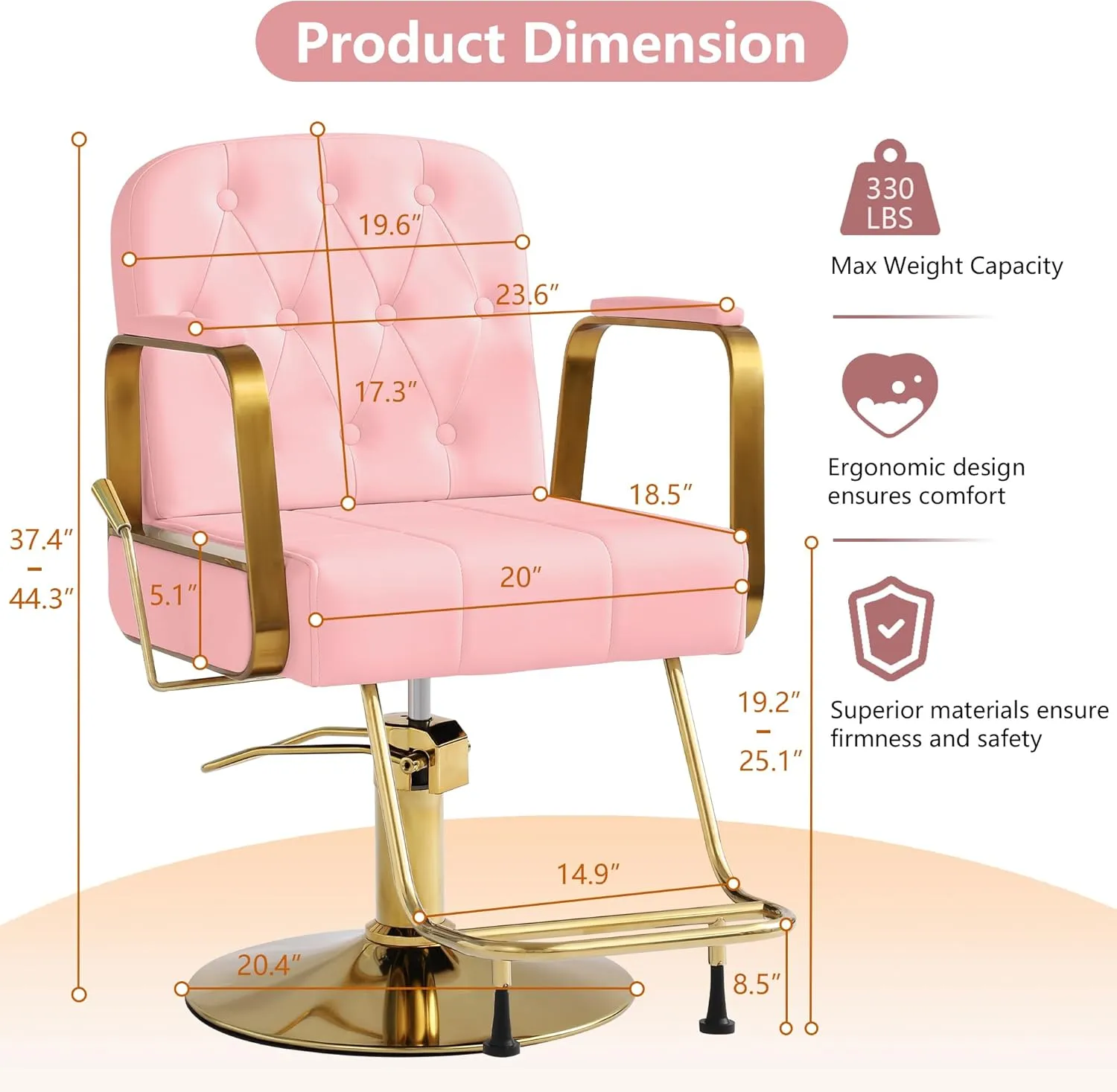Barber Salon Chair for Hair Sylist, Hydraulic Salon Chairs, Height Adjustable Barber Chairs, Reclining Barber Styling Chairs, 360 Degrees Rotation Shampoo Chair for Barbershop (Pink)
