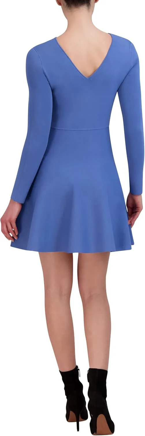BCBGMAXAZRIA Women's Long Sleeve Boat Neck Fit and Flare Sweater Knit Mini Dress
