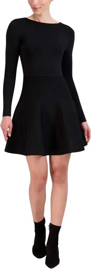 BCBGMAXAZRIA Women's Long Sleeve Boat Neck Fit and Flare Sweater Knit Mini Dress