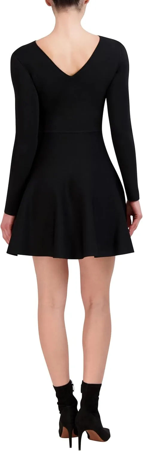 BCBGMAXAZRIA Women's Long Sleeve Boat Neck Fit and Flare Sweater Knit Mini Dress