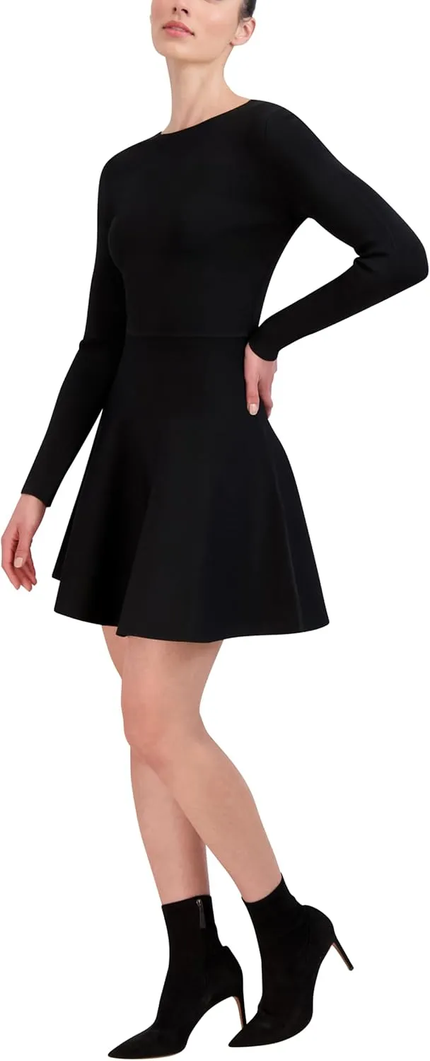 BCBGMAXAZRIA Women's Long Sleeve Boat Neck Fit and Flare Sweater Knit Mini Dress