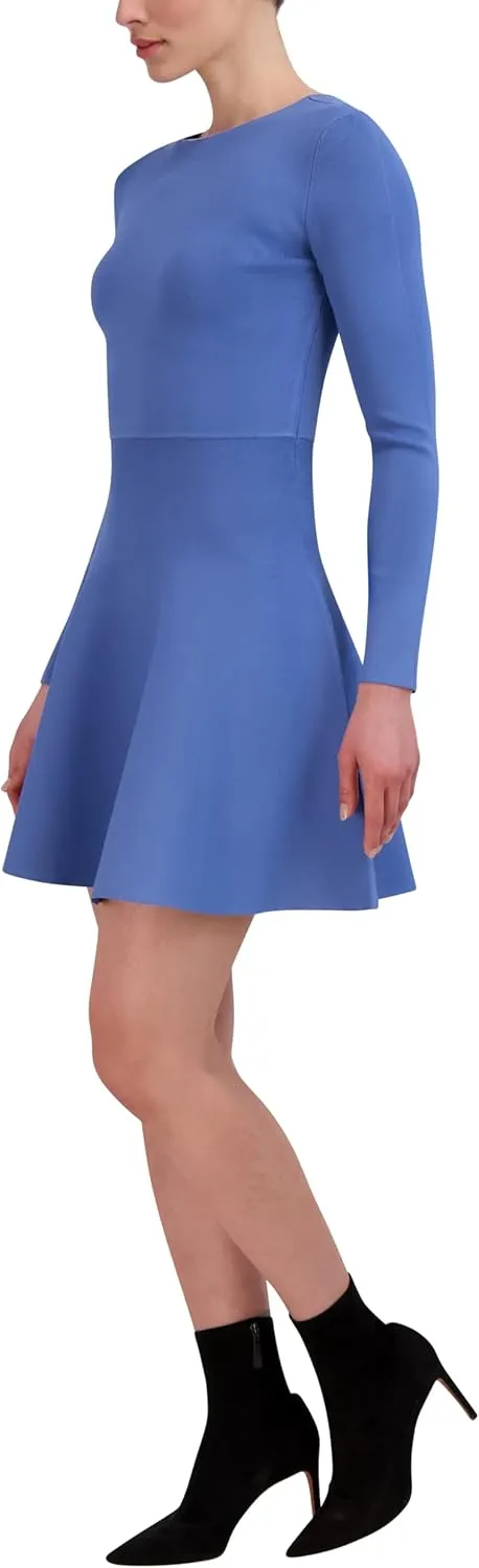 BCBGMAXAZRIA Women's Long Sleeve Boat Neck Fit and Flare Sweater Knit Mini Dress