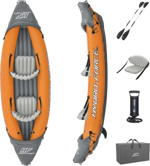 Bestway Hydro-Force Rapid X2 Inflatable Kayak Set | Seats 2 Persons | Includes Paddles, Hand Pump, Fins, Carry Bag, and Repair Patch Kit
