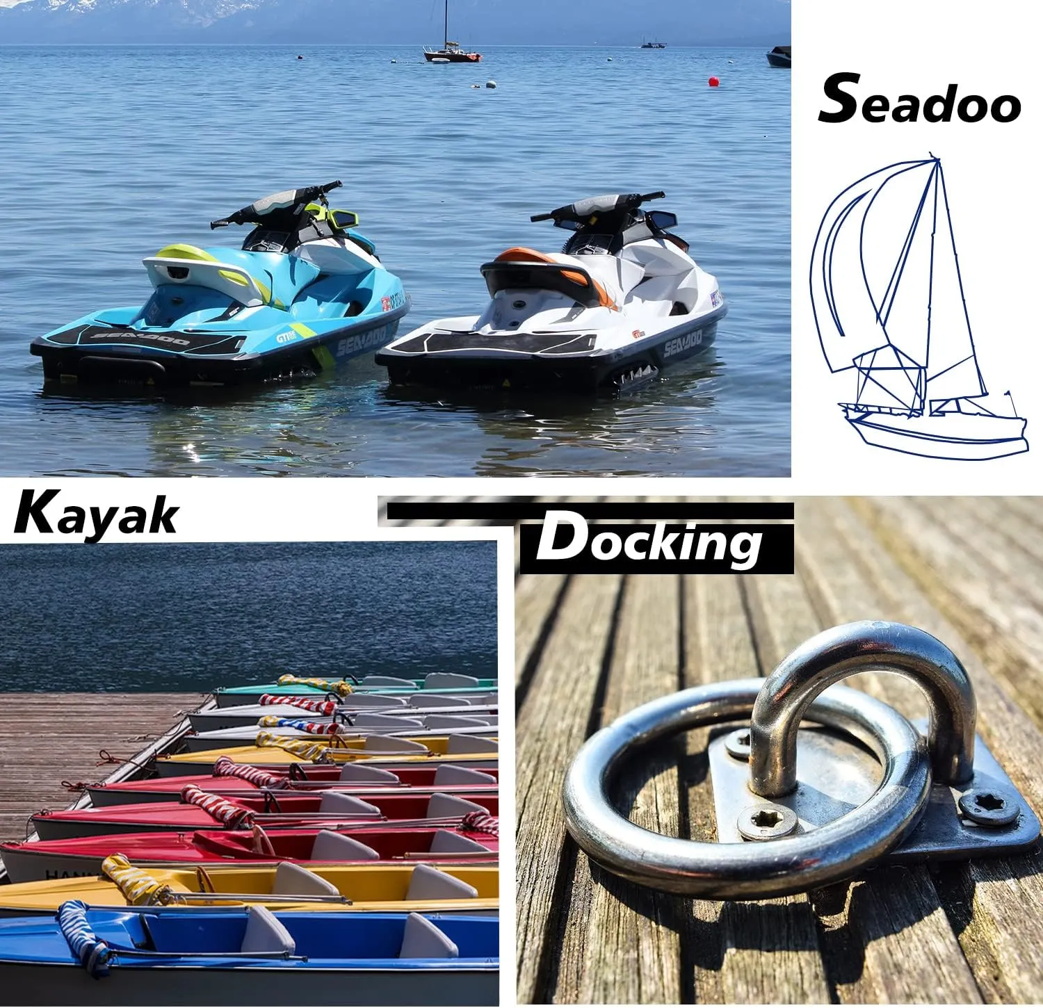 Black Bungee Dock Lines 2-Pack with Double Hooks & Floating Tubes – Heavy Duty Boat Ropes for Jet Ski, Pontoon, Kayak – 4ft to 6ft, 316 Stainless Steel, Shock Absorbing