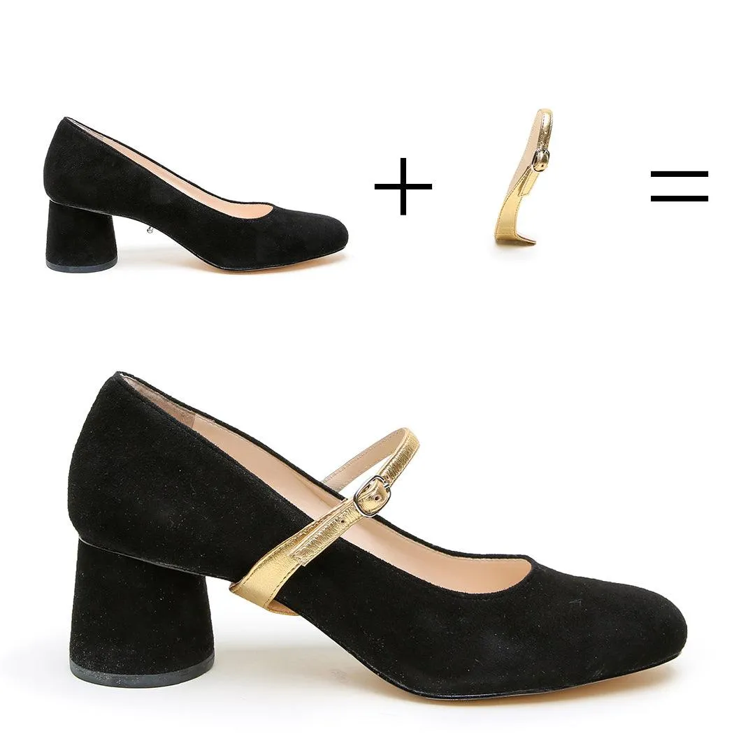 Black Suede Ballet Pump   Gold Twiggy Strap