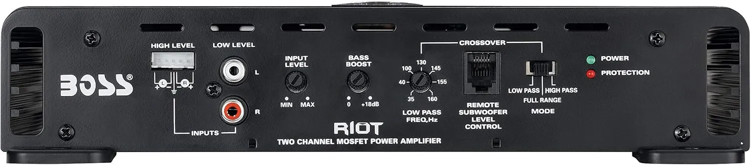 BOSS Audio Systems R6002 Riot Series Car Audio Stereo Amplifier - 1200 High Output, 2 Channel, Class A/B, 2/4 Ohm, Low/High Level Inputs, High/Low Pass Crossover, Full Range, Bridgeable, Subwoofer