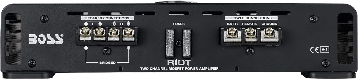 BOSS Audio Systems R6002 Riot Series Car Audio Stereo Amplifier - 1200 High Output, 2 Channel, Class A/B, 2/4 Ohm, Low/High Level Inputs, High/Low Pass Crossover, Full Range, Bridgeable, Subwoofer