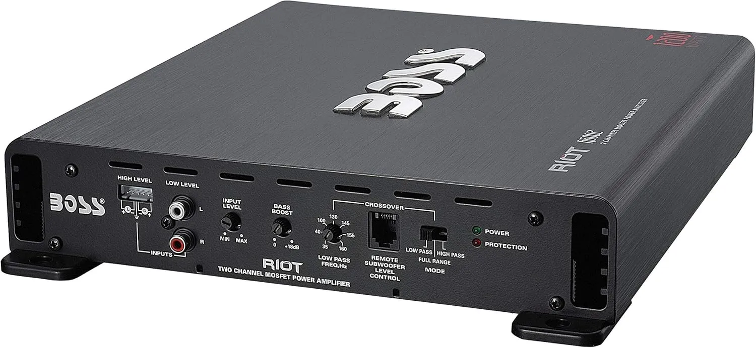 BOSS Audio Systems R6002 Riot Series Car Audio Stereo Amplifier - 1200 High Output, 2 Channel, Class A/B, 2/4 Ohm, Low/High Level Inputs, High/Low Pass Crossover, Full Range, Bridgeable, Subwoofer