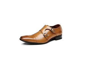 Buckle Slip-On Leather Monk Shoes (Brown)