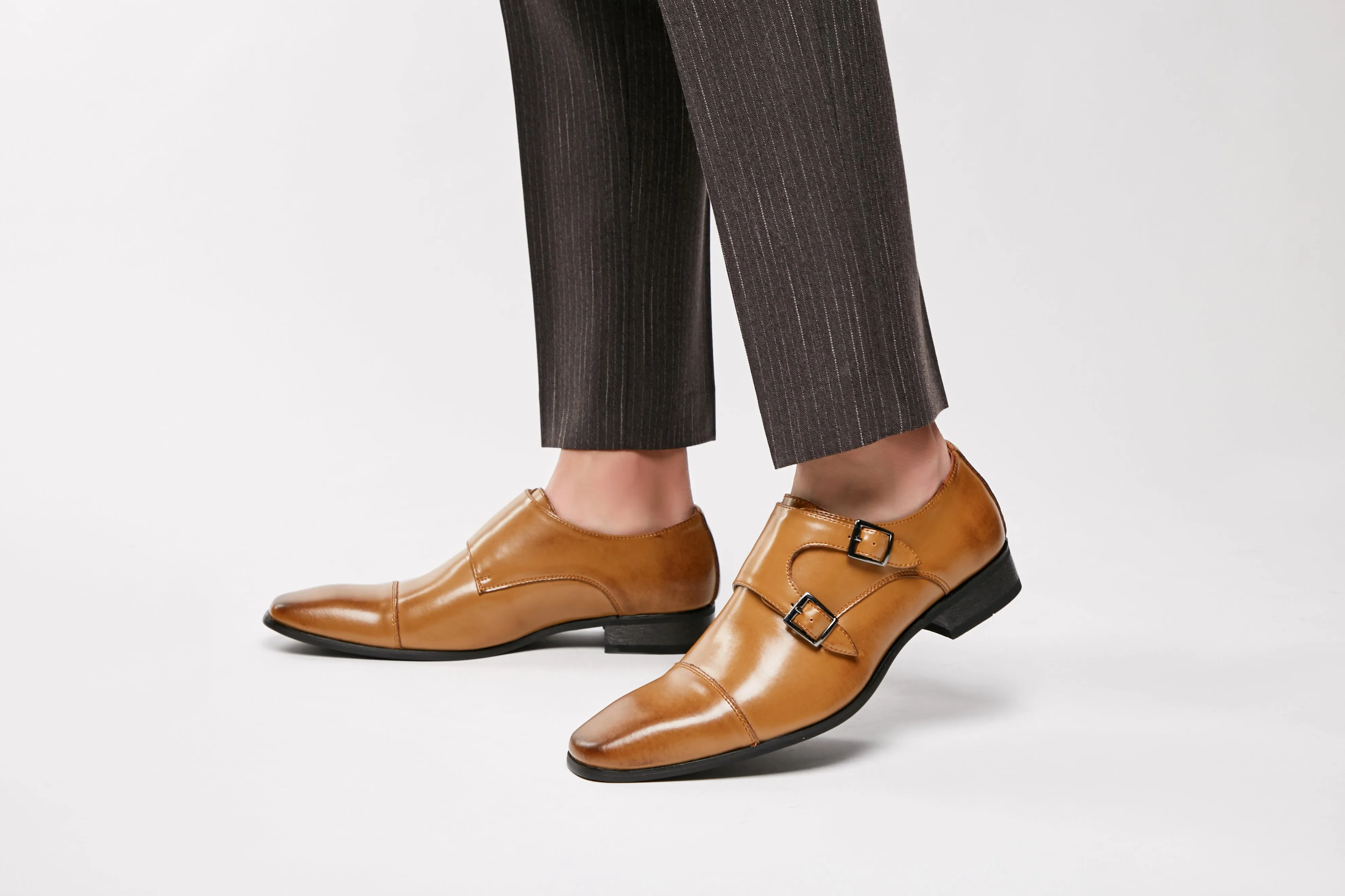 Buckle Slip-On Leather Monk Shoes (Brown)