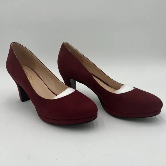 Burgundy Women's Low Platform High Chunky Heeled Slip On Closed Round Toe Pump