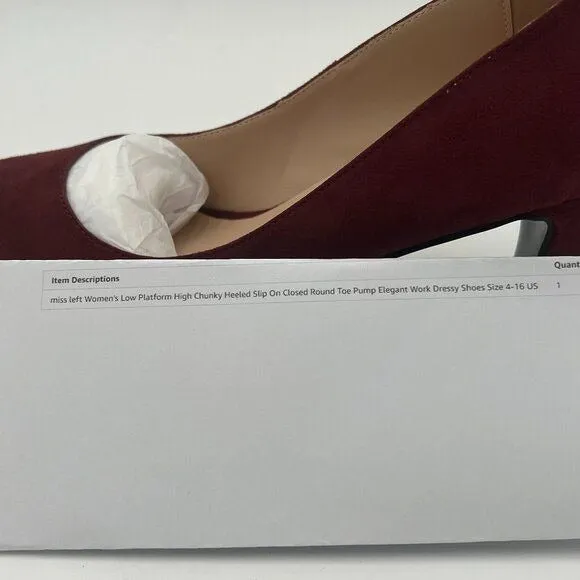 Burgundy Women's Low Platform High Chunky Heeled Slip On Closed Round Toe Pump