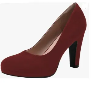 Burgundy Women's Low Platform High Chunky Heeled Slip On Closed Round Toe Pump