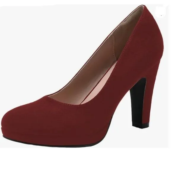 Burgundy Women's Low Platform High Chunky Heeled Slip On Closed Round Toe Pump