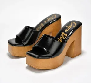 Cape Robbin Enisle Cork Metalic Platform Square Toe High Block Heel Mule Design-Black