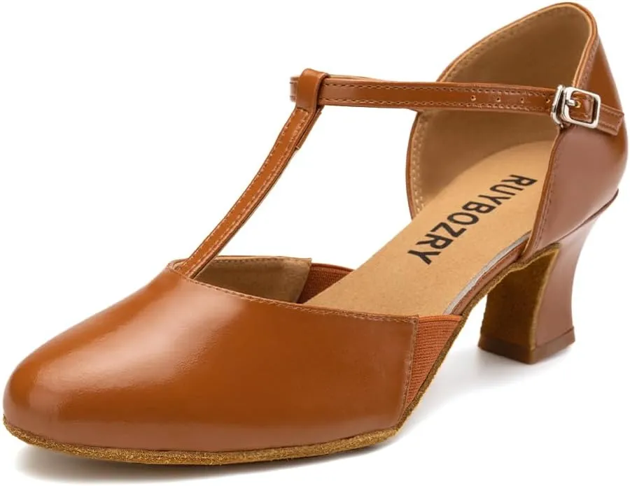 Character Shoes for Women T-Strap Closed Toe Latin Salsa Tango Standard Ballroom Dance Shoes,Model D29-Suede Sole-2.33”Heel