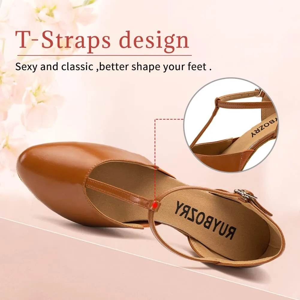 Character Shoes for Women T-Strap Closed Toe Latin Salsa Tango Standard Ballroom Dance Shoes,Model D29-Suede Sole-2.33”Heel