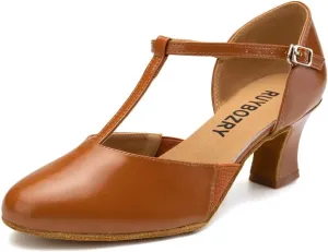 Character Shoes for Women T-Strap Closed Toe Latin Salsa Tango Standard Ballroom Dance Shoes,Model D29-Suede Sole-2.33”Heel