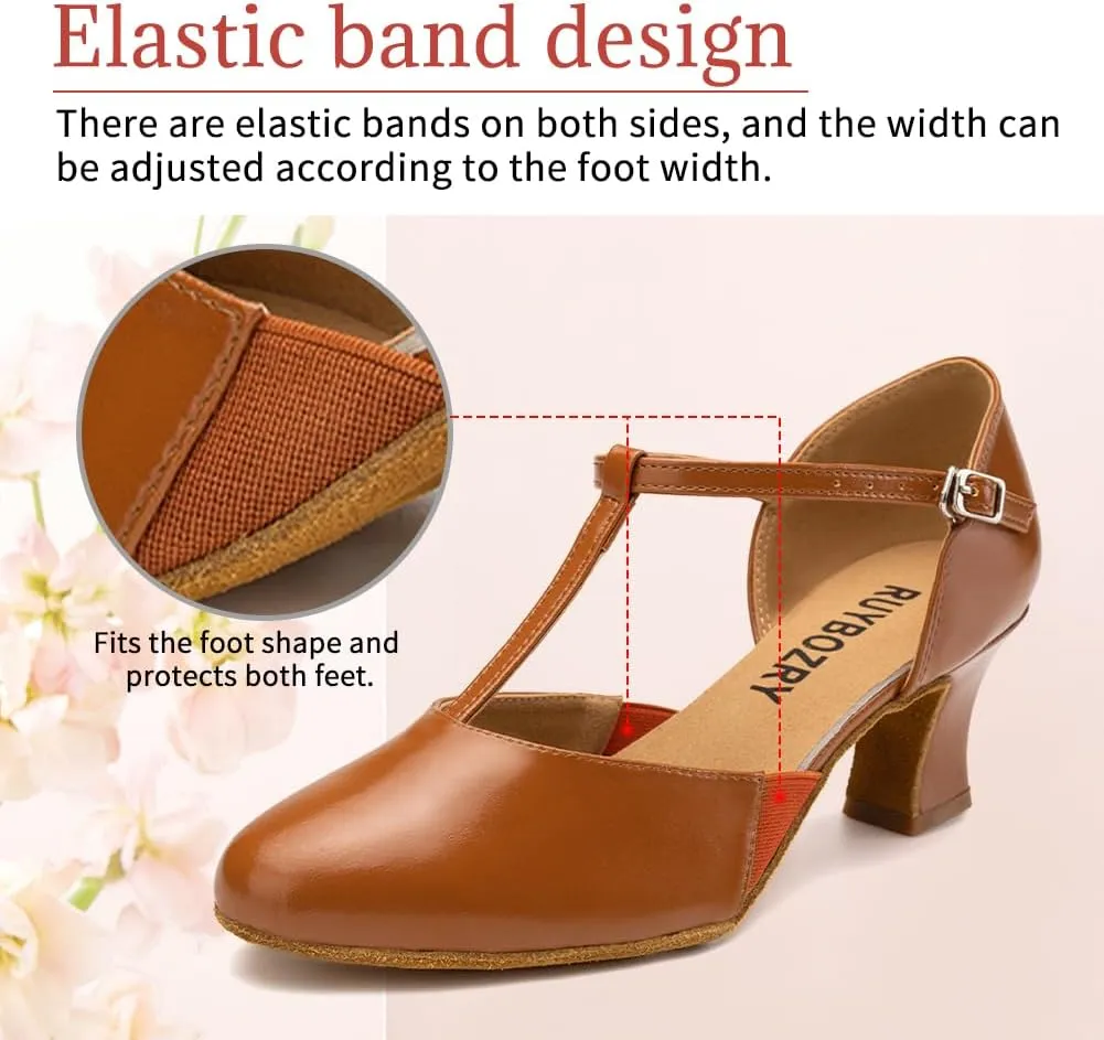 Character Shoes for Women T-Strap Closed Toe Latin Salsa Tango Standard Ballroom Dance Shoes,Model D29-Suede Sole-2.33”Heel