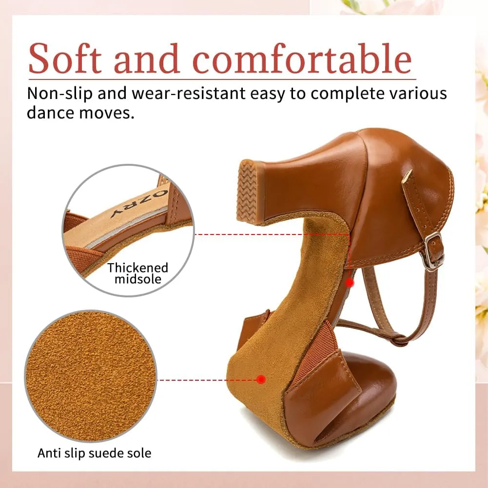 Character Shoes for Women T-Strap Closed Toe Latin Salsa Tango Standard Ballroom Dance Shoes,Model D29-Suede Sole-2.33”Heel