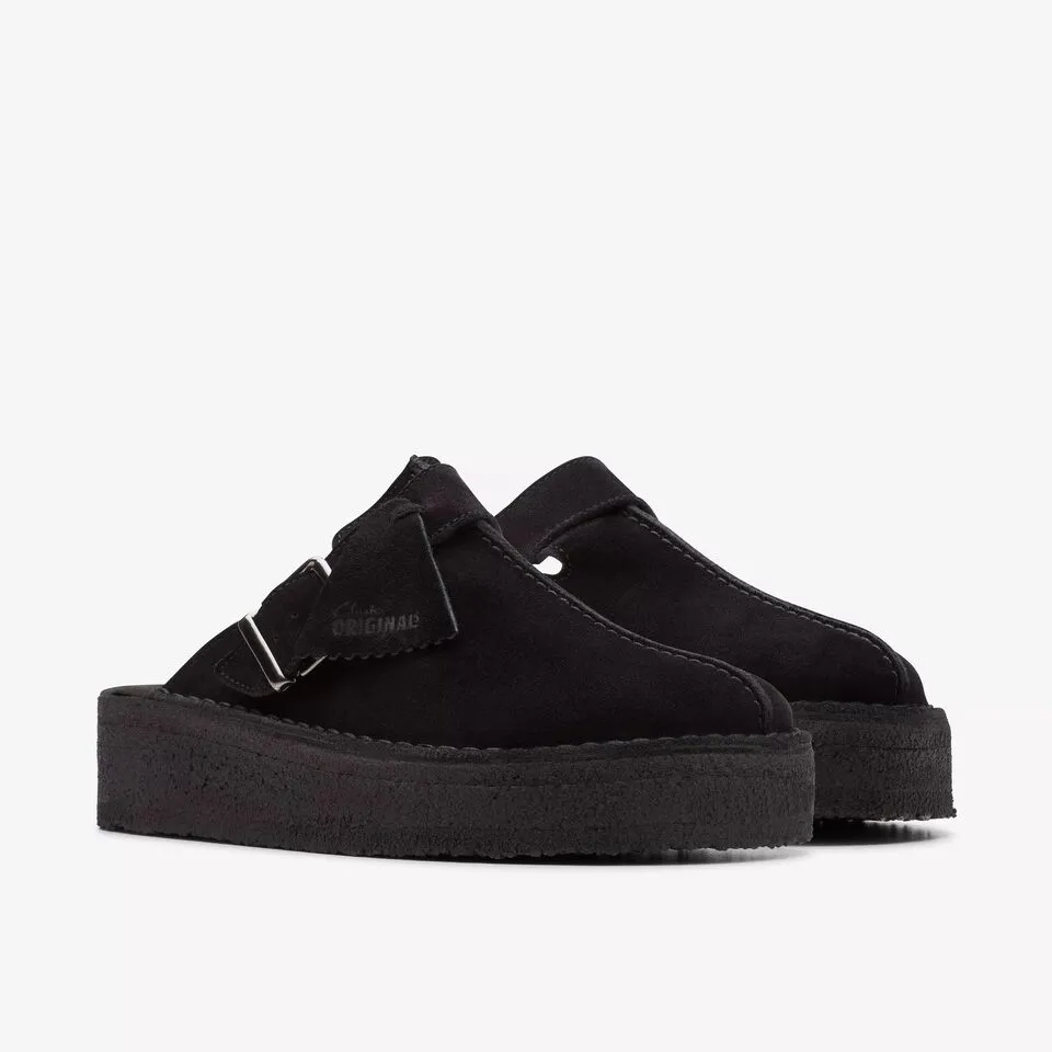 Clarks Women's Trek Wedge Mule Black | Mid Tan Suede