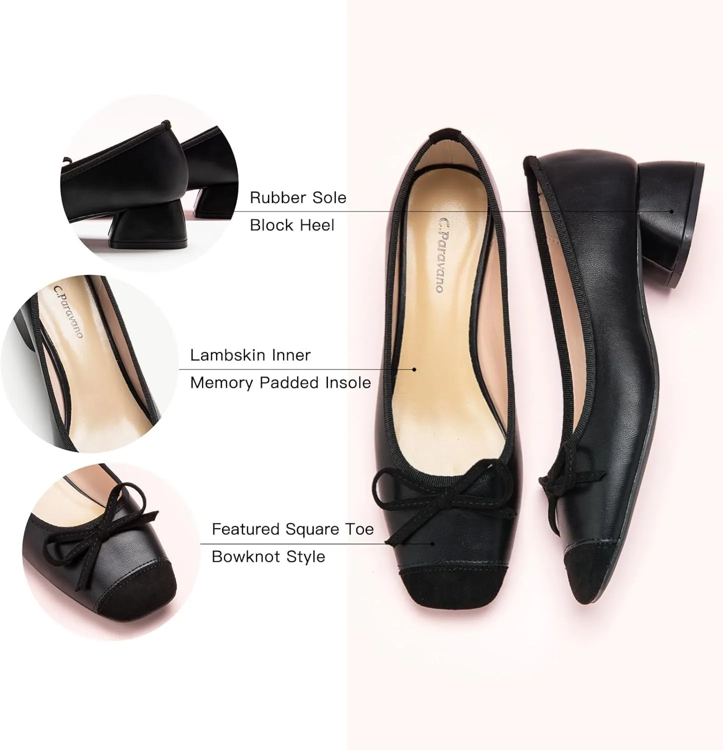 C.Paravano Women's Pump | Square Toe Low Block Heels | Closed Toe Chunky Heels | Leather Low Heel Pumps | Dress Wedding Shoes