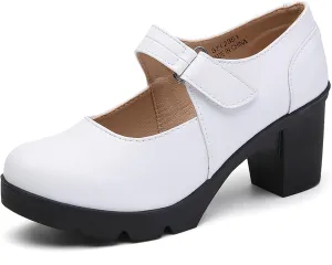 DADAWEN Women's Leather Classic Mid Heel Mary Jane Square Toe Oxfords Platform Dress Pumps Shoes