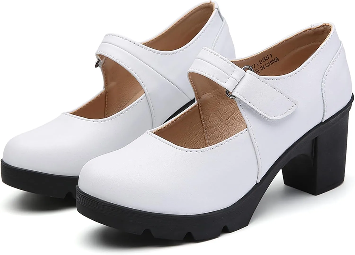 DADAWEN Women's Leather Classic Mid Heel Mary Jane Square Toe Oxfords Platform Dress Pumps Shoes