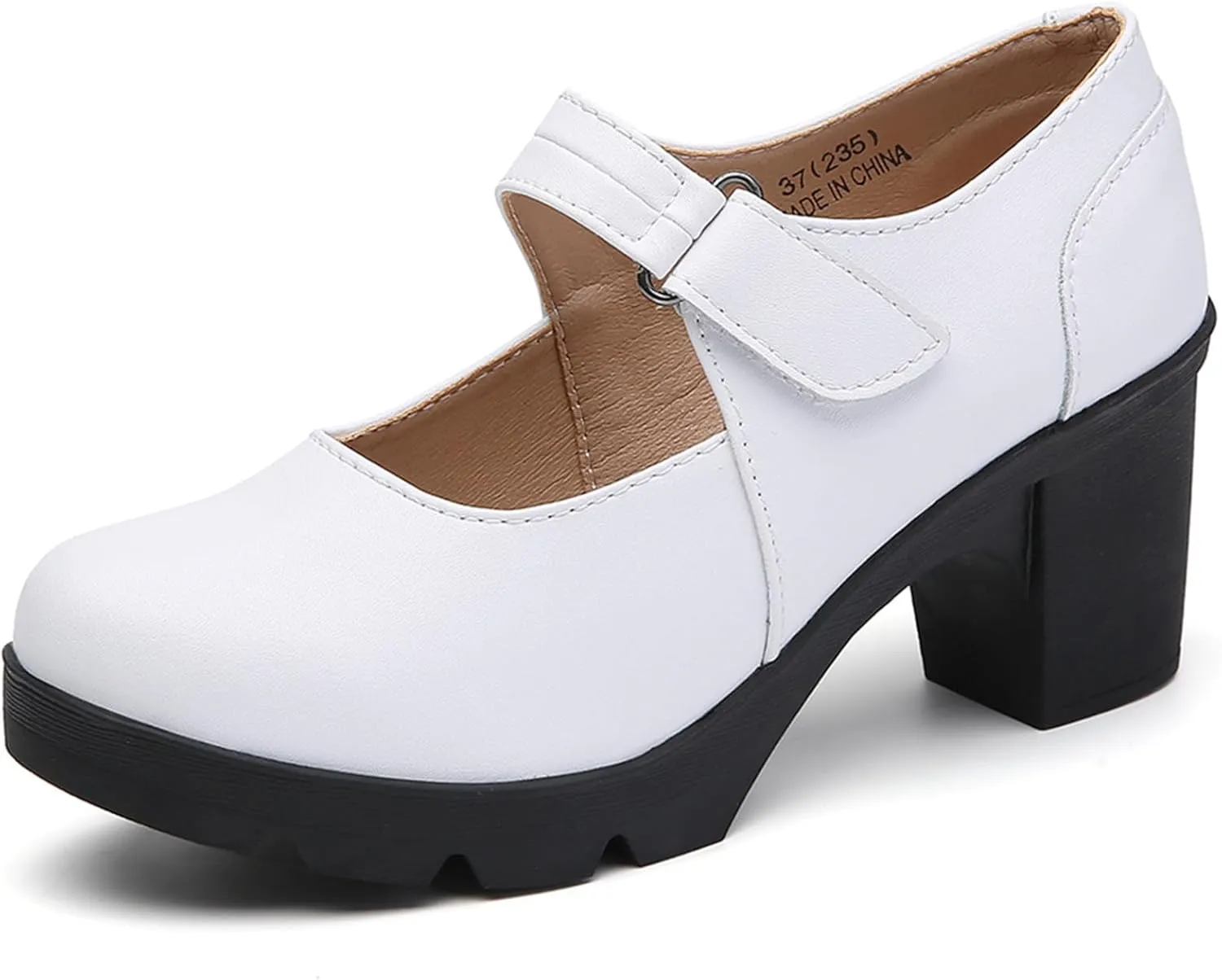 DADAWEN Women's Leather Classic Mid Heel Mary Jane Square Toe Oxfords Platform Dress Pumps Shoes