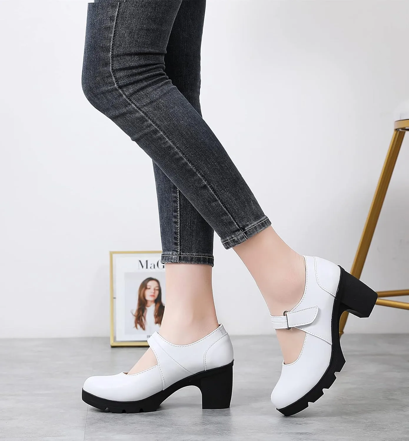DADAWEN Women's Leather Classic Mid Heel Mary Jane Square Toe Oxfords Platform Dress Pumps Shoes