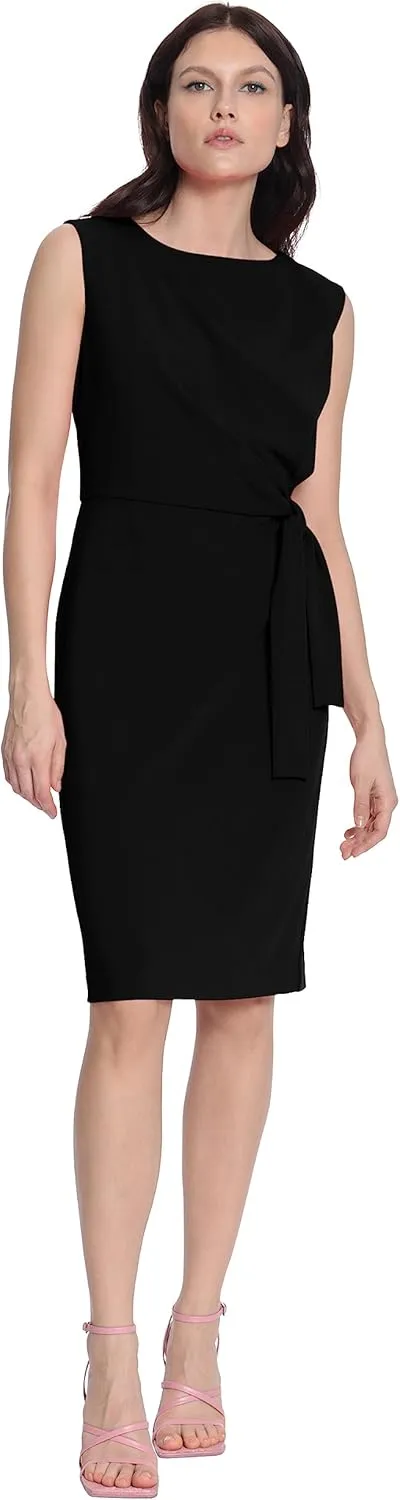 Donna Morgan Women's Petite Sleeveless Boatneck Side Gathering and Tie Dress
