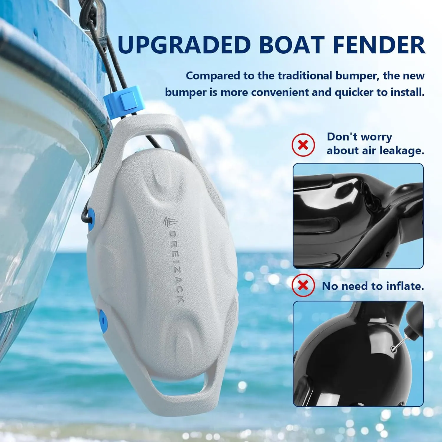 Dreizack Boat Fenders 4 Pack, Boat Bumpers for Docking with 4 Ropes, Inflatable Ribbed Marine Pontoon Boat Fender Bumper for Docks with 1 Storage Bag, 1 Air Pump and 4 Needles