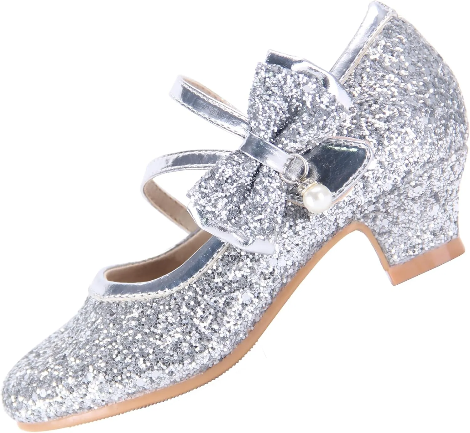 EIGHT KM Girls High Heel Dress Shoes Mary Jane Princess Wedding Party Pump Shoes EKM7035 Sparkle Glittery Crystal Pearl Bow Silver US Toddler Size 7
