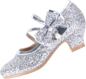 EIGHT KM Girls High Heel Dress Shoes Mary Jane Princess Wedding Party Pump Shoes EKM7035 Sparkle Glittery Crystal Pearl Bow Silver US Toddler Size 7