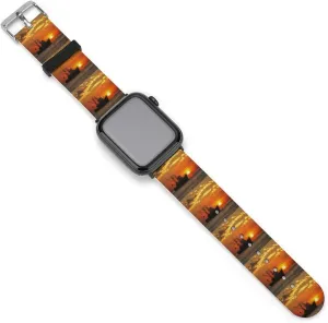 Fishing Boat Sunset Adjustable Silicone Watchband Compatible with IWatch Classic Soft Sports Watch Strap for Men Women