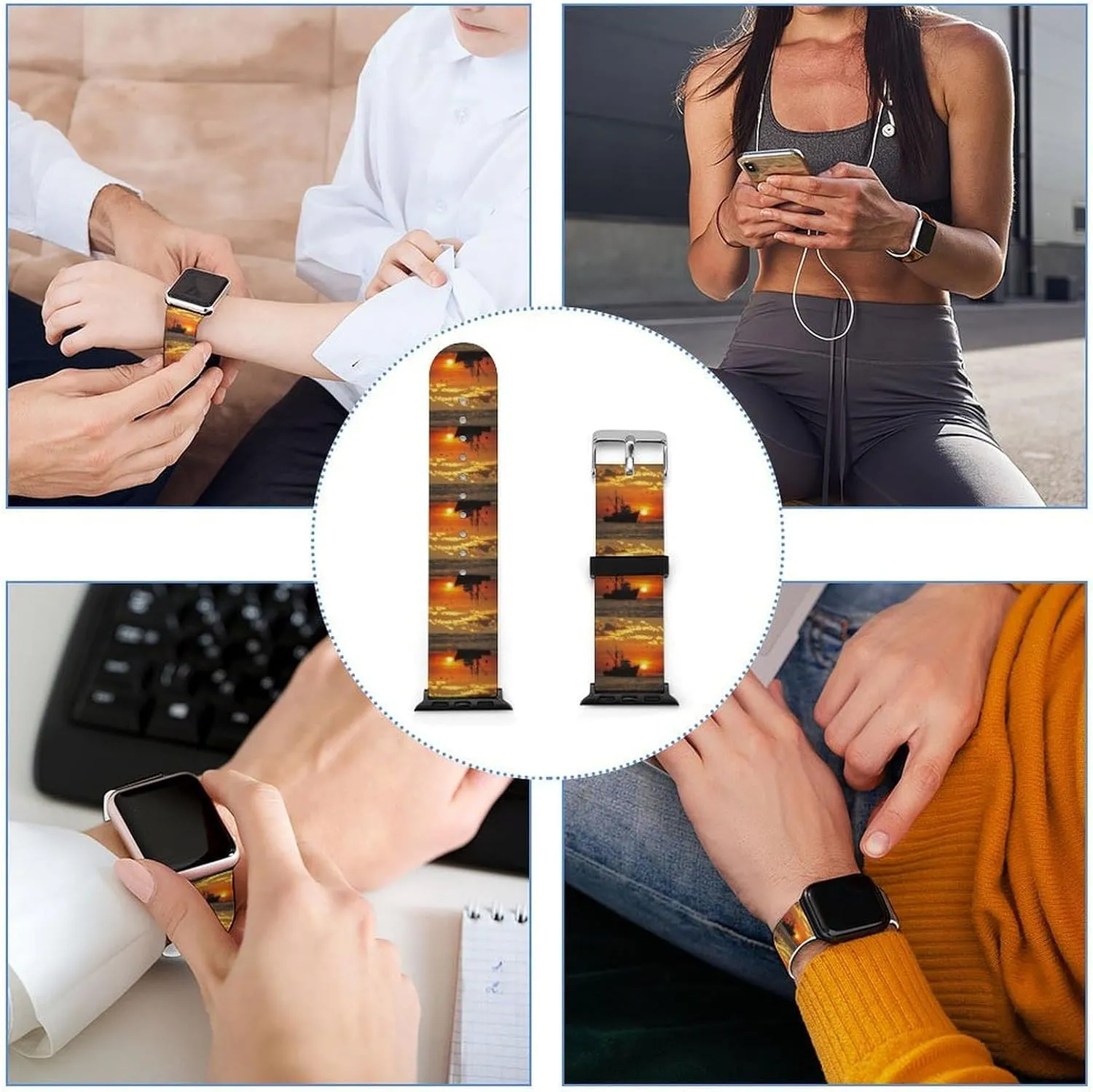 Fishing Boat Sunset Adjustable Silicone Watchband Compatible with IWatch Classic Soft Sports Watch Strap for Men Women